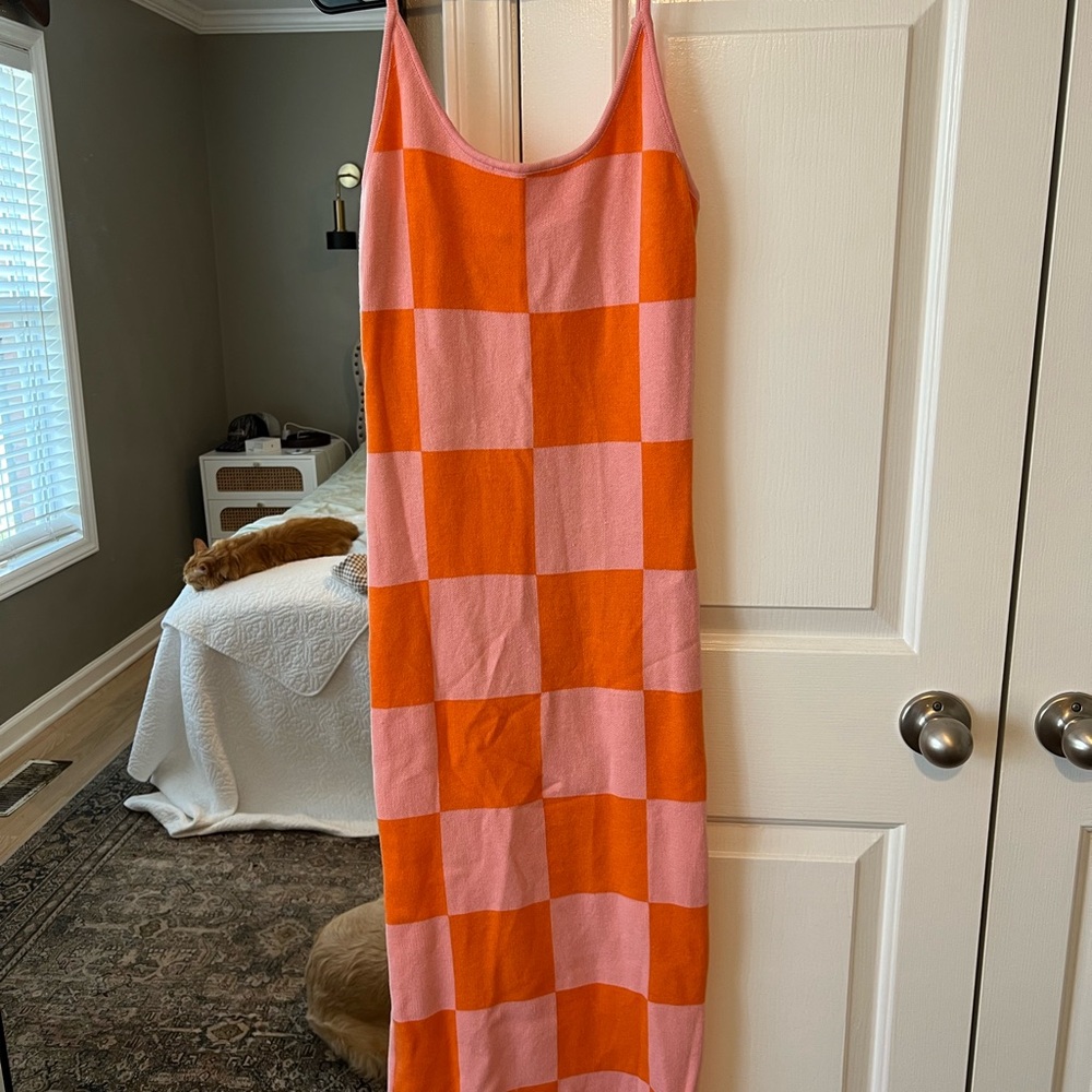 Pink and Orange Checkered Knit Dress Adjustable Straps Sz Small - Picture 2 of 3